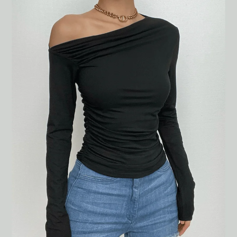 Ruched long sleeve off shoulder solid irregular top