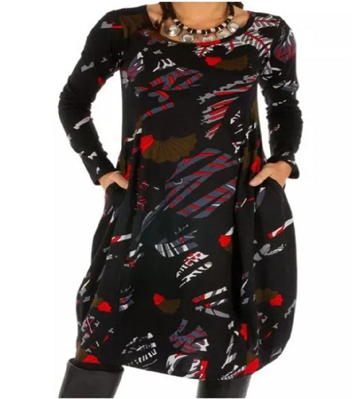 Spring New Printed Pocket Long Sleeve Lantern Skirt Club unclassified dresses