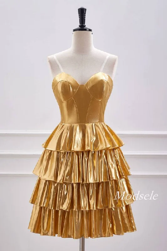 Strapless Gold Metallic A-Line Ruffle Homecoming Dress