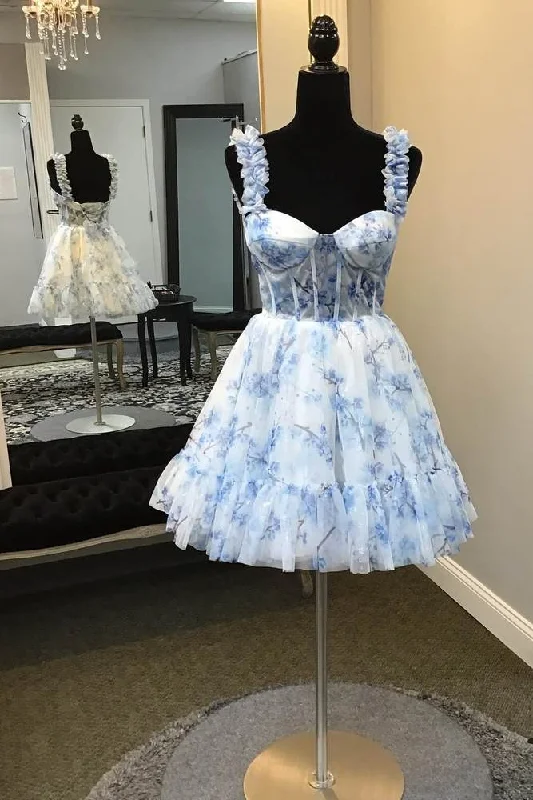 Straps Blue Floral Print Tulle A-Line Homecoming Dress