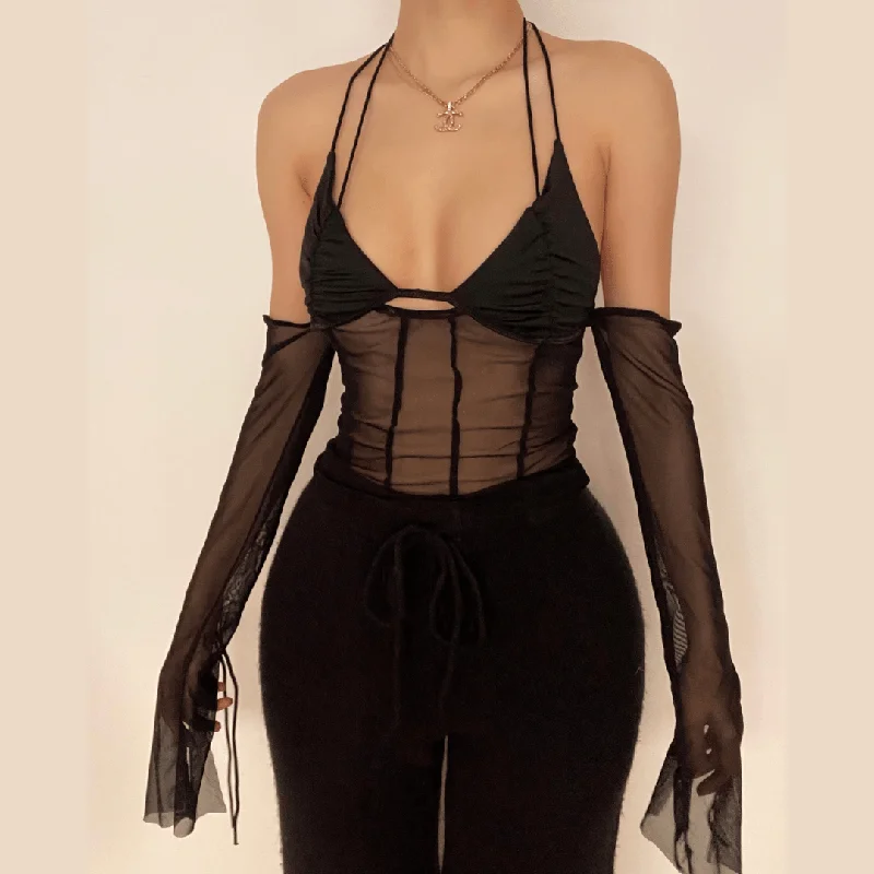 Tie back mesh see-through off shoulder halter top