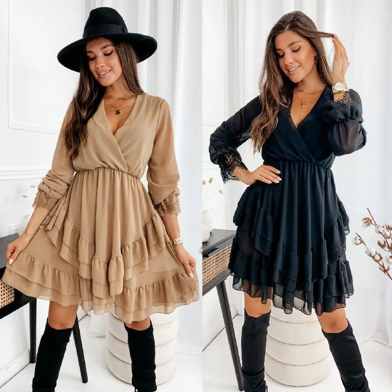 Turtleneck Long Sleeve V-Neck Ruffle Skirt Chiffon Dress