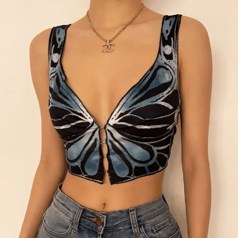 V neck butterfly print buttoned crop top