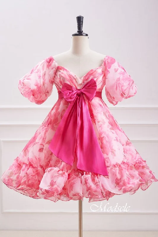 V-Neck Pink Floral Print Tulle Homecoming Dress