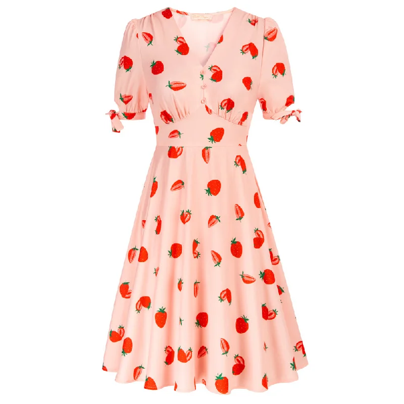 Strawberry Printed Defined Waist Dress Short Sleeve V-Neck Flared A-Line Dress