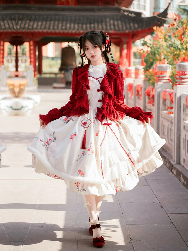 With PUJI~Pomegranate~Winter Chinese Style Lolita Knit Cardigan JSK