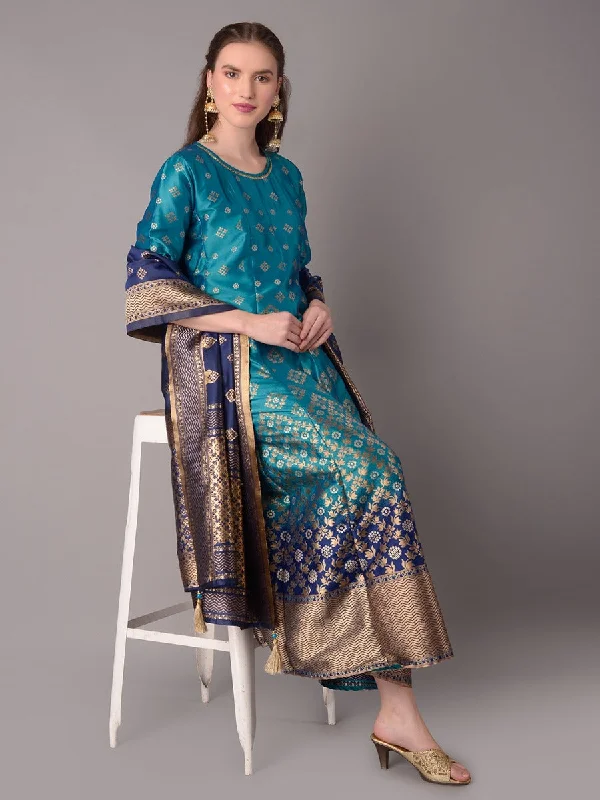 Women Blue Floral Printed Dress With Dupatta