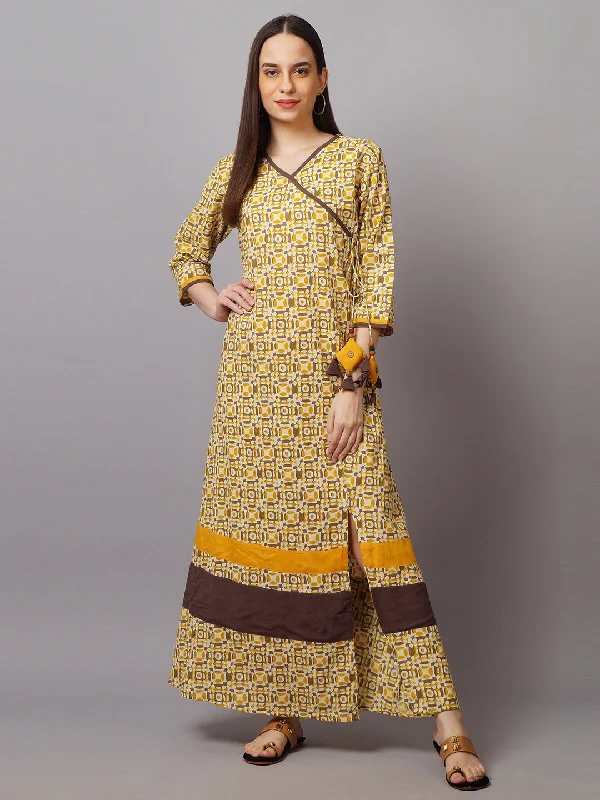 Women Cotton Cream & Mustard Dress