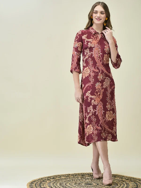 Women Crepe Burgundy Paisley Print Dress