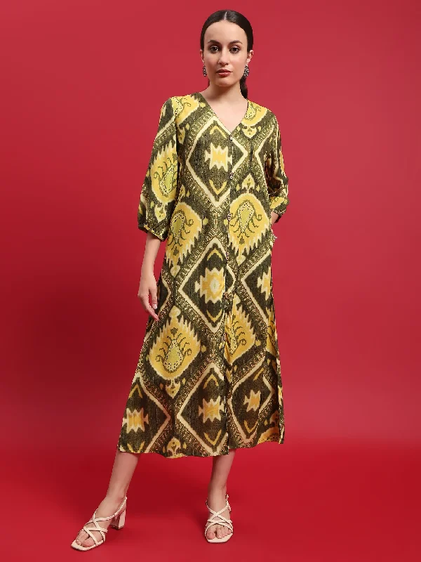 Women Liva Rayon Olive Ikat Print Dress