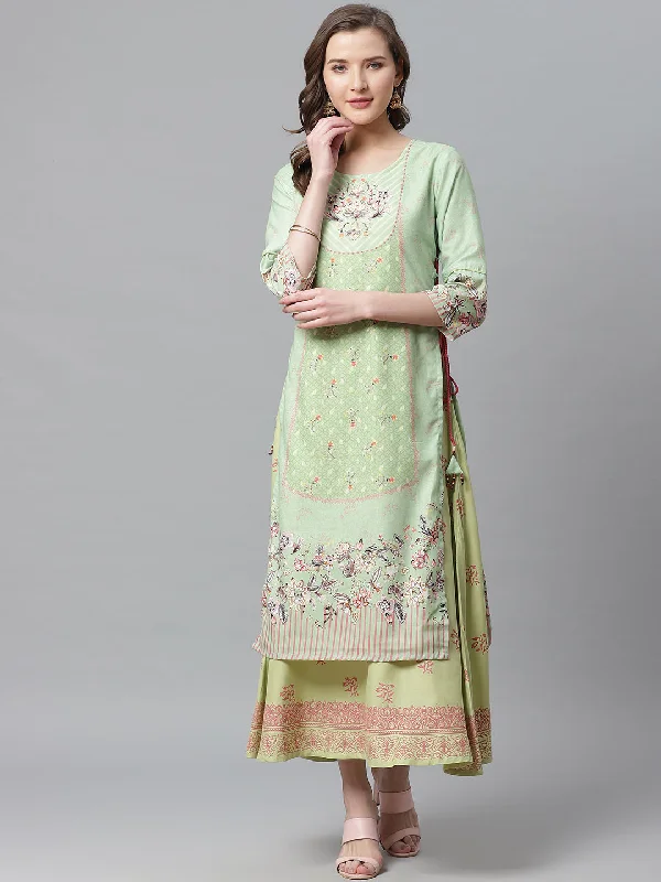 Women Pastel Green Rayon Floral Layered Dress