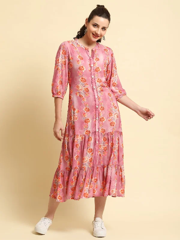 Women Pink Mandarin Collar Dress