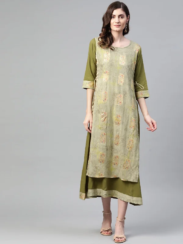 Women Pista & Olive Green Floral Printed Layered Dress