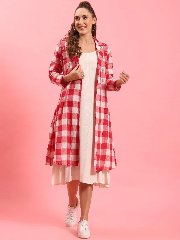 Women Red Checked Dress With Jacket